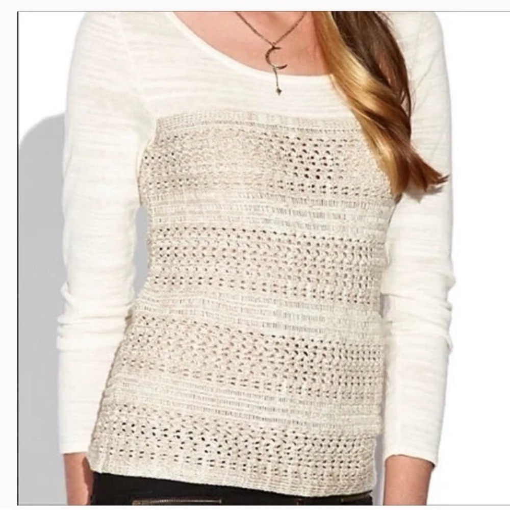 Lucky Brand Wool Crochet Knit Pullover Sweater Oatmeal Size Medium Coastal Boho
